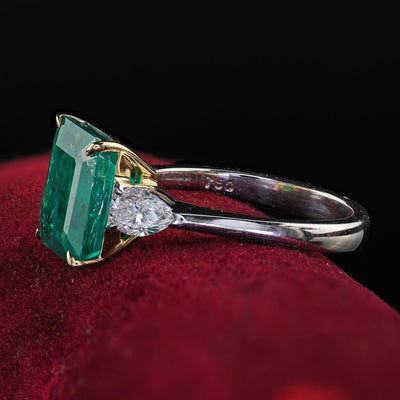 Estate 18K White Gold Colombian Emerald and Pear Diamond Engagement Ring - GIA