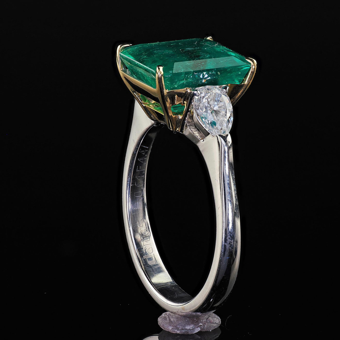 Estate 18K White Gold Colombian Emerald and Pear Diamond Engagement Ring - GIA