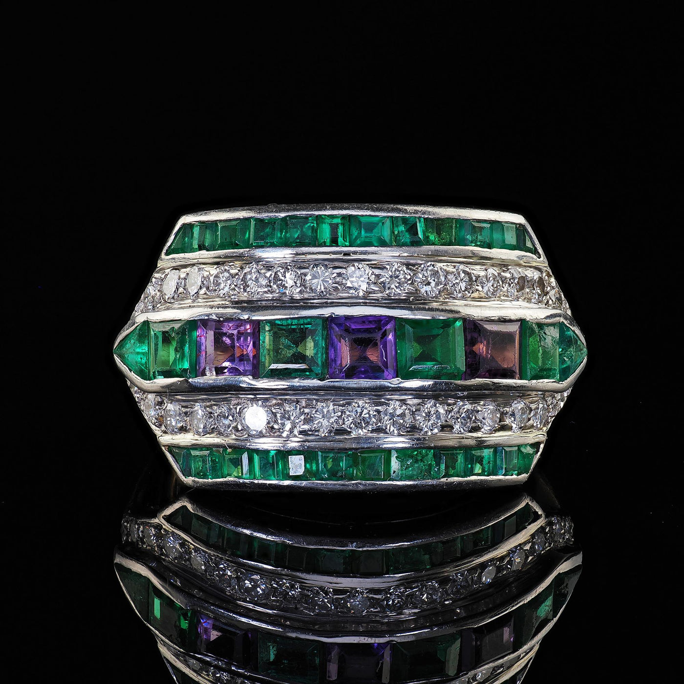 Vintage Retro Maurice Tishman 18K Gold Platinum Diamond Emerald Amethyst Ring