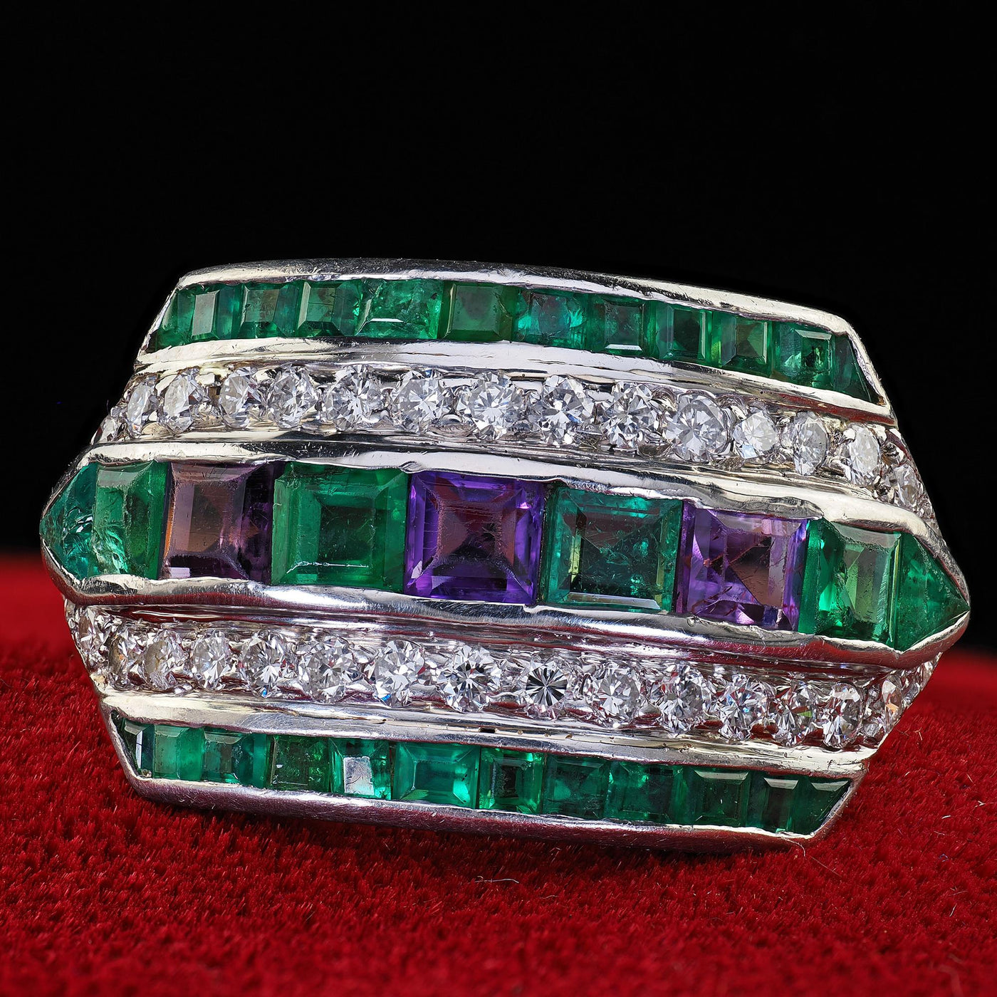 Vintage Retro Maurice Tishman 18K Gold Platinum Diamond Emerald Amethyst Ring