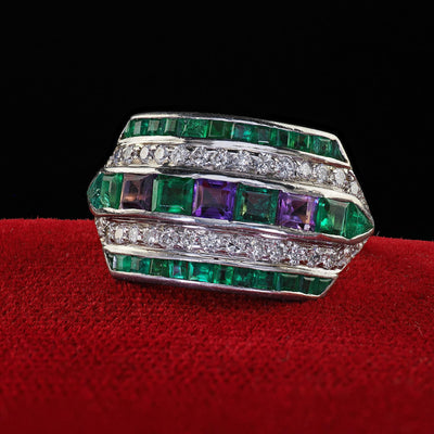 Vintage Retro Maurice Tishman 18K Gold Platinum Diamond Emerald Amethyst Ring