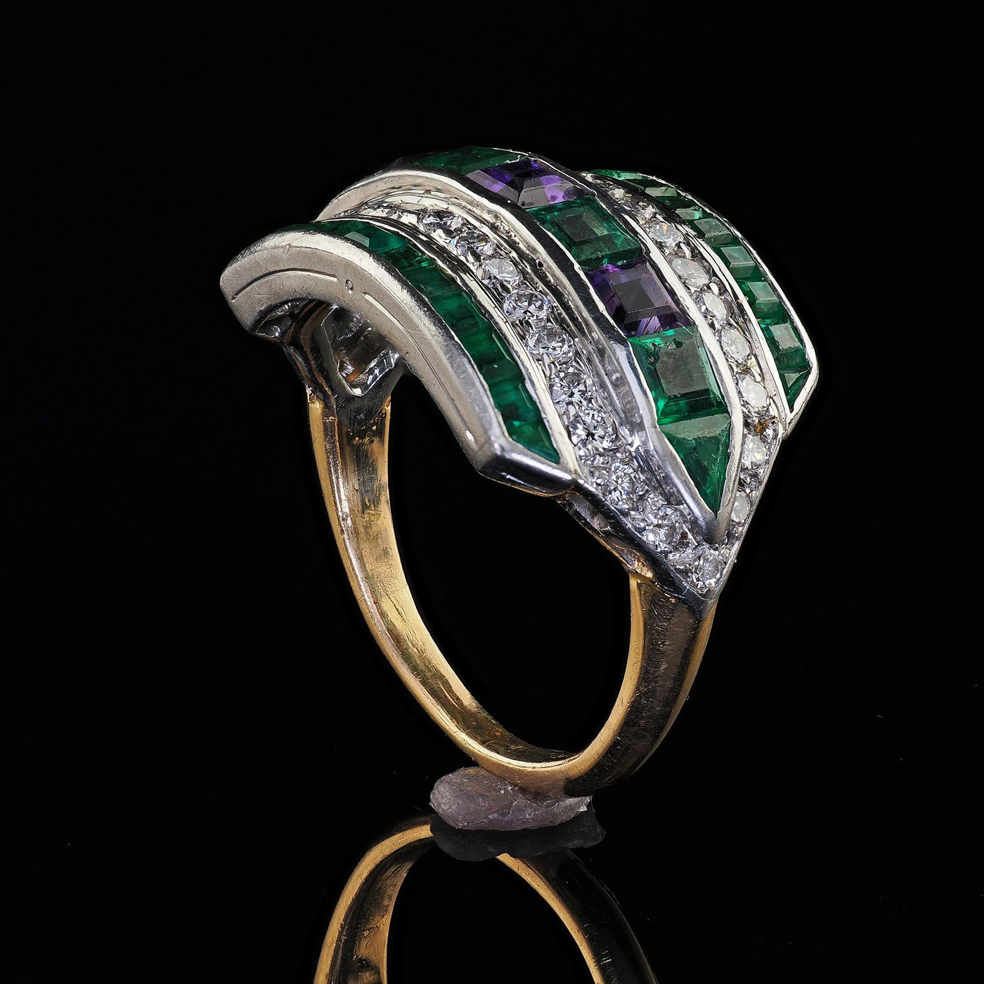 Vintage Retro Maurice Tishman 18K Gold Platinum Diamond Emerald Amethyst Ring