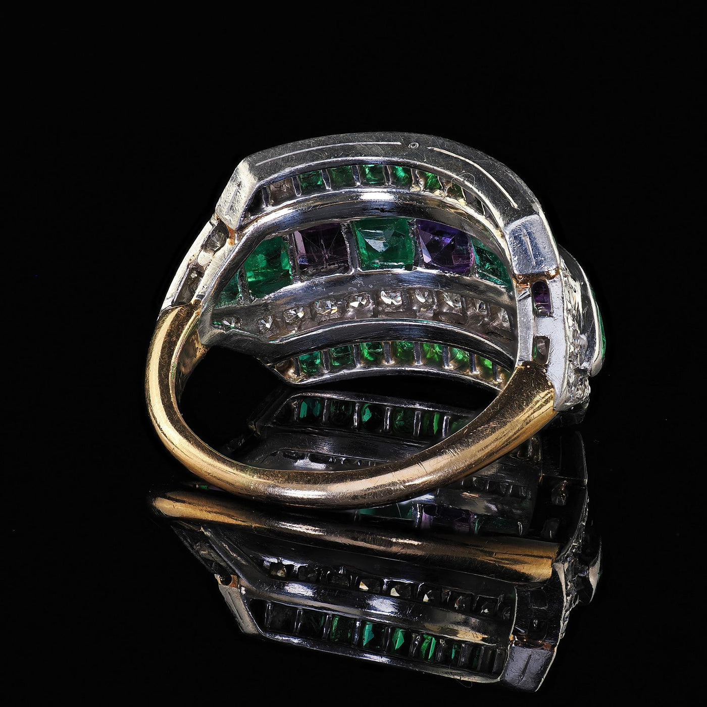 Vintage Retro Maurice Tishman 18K Gold Platinum Diamond Emerald Amethyst Ring