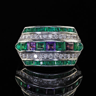 Vintage Retro Maurice Tishman 18K Gold Platinum Diamond Emerald Amethyst Ring