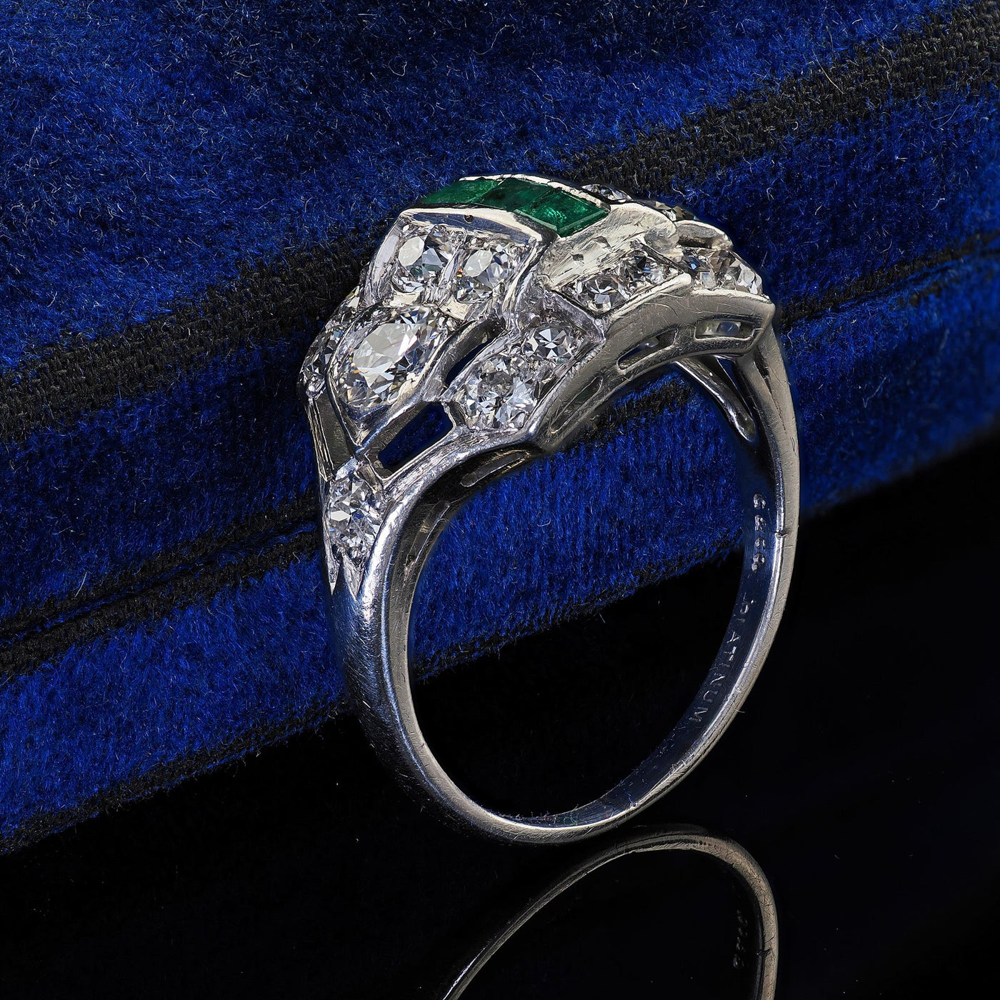 Antique Art Deco Birks Platinum Old European Cut Diamond and Emerald Ring