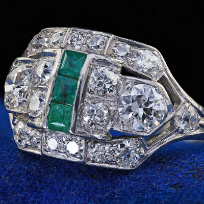 Antique Art Deco Birks Platinum Old European Cut Diamond and Emerald Ring