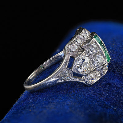 Antique Art Deco Birks Platinum Old European Cut Diamond and Emerald Ring