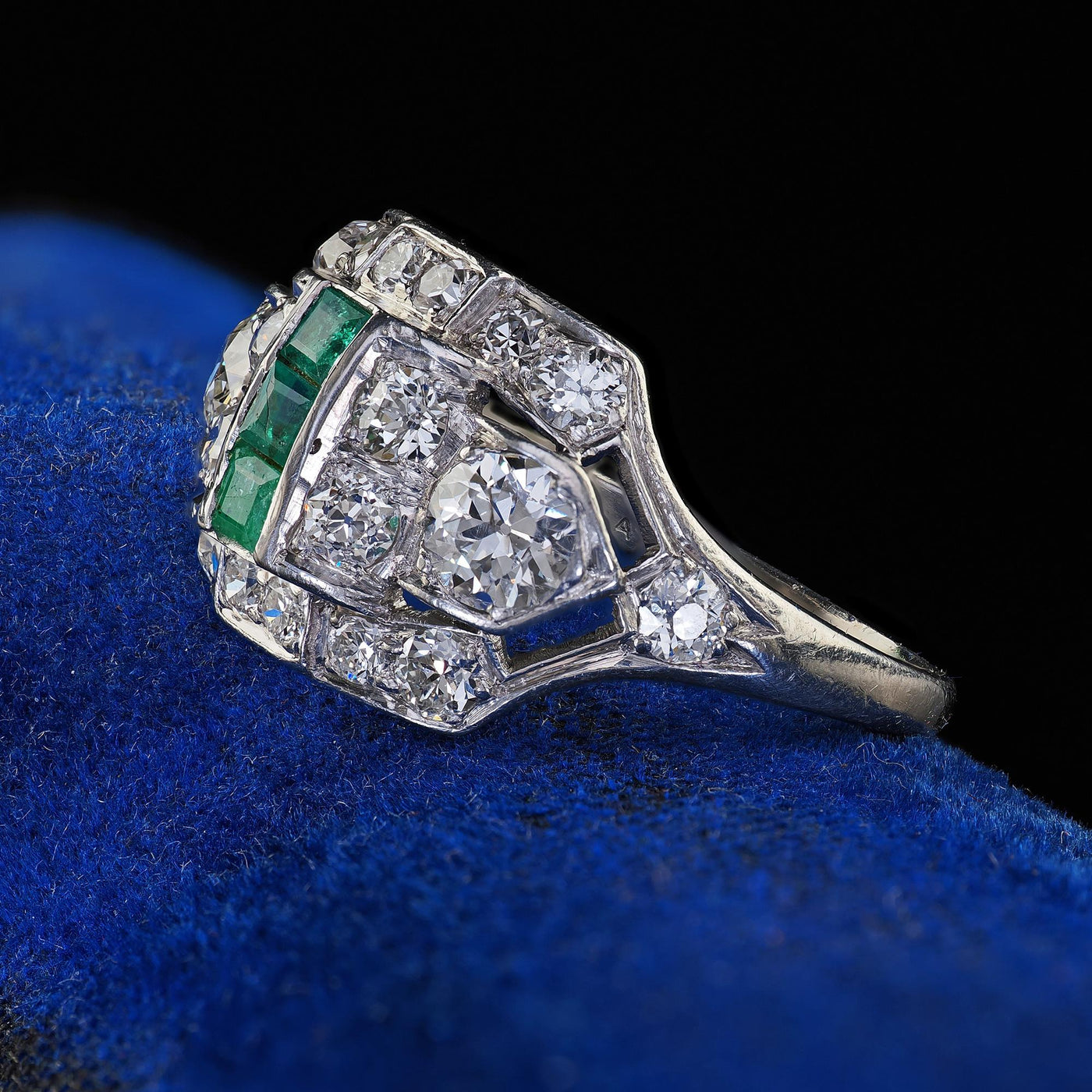 Antique Art Deco Birks Platinum Old European Cut Diamond and Emerald Ring