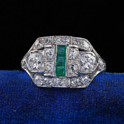 Antique Art Deco Birks Platinum Old European Cut Diamond and Emerald Ring