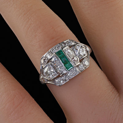 Antique Art Deco Birks Platinum Old European Cut Diamond and Emerald Ring