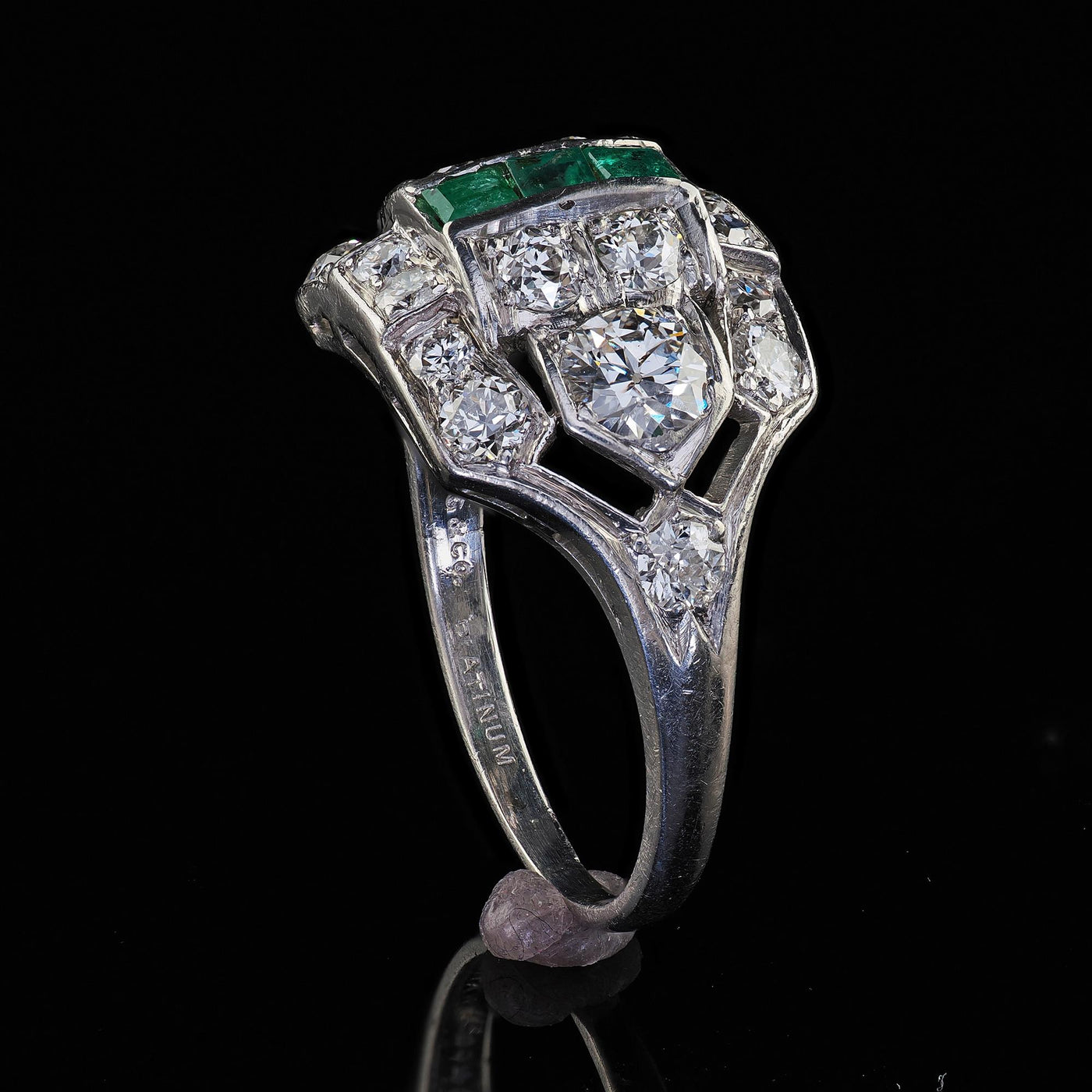 Antique Art Deco Birks Platinum Old European Cut Diamond and Emerald Ring