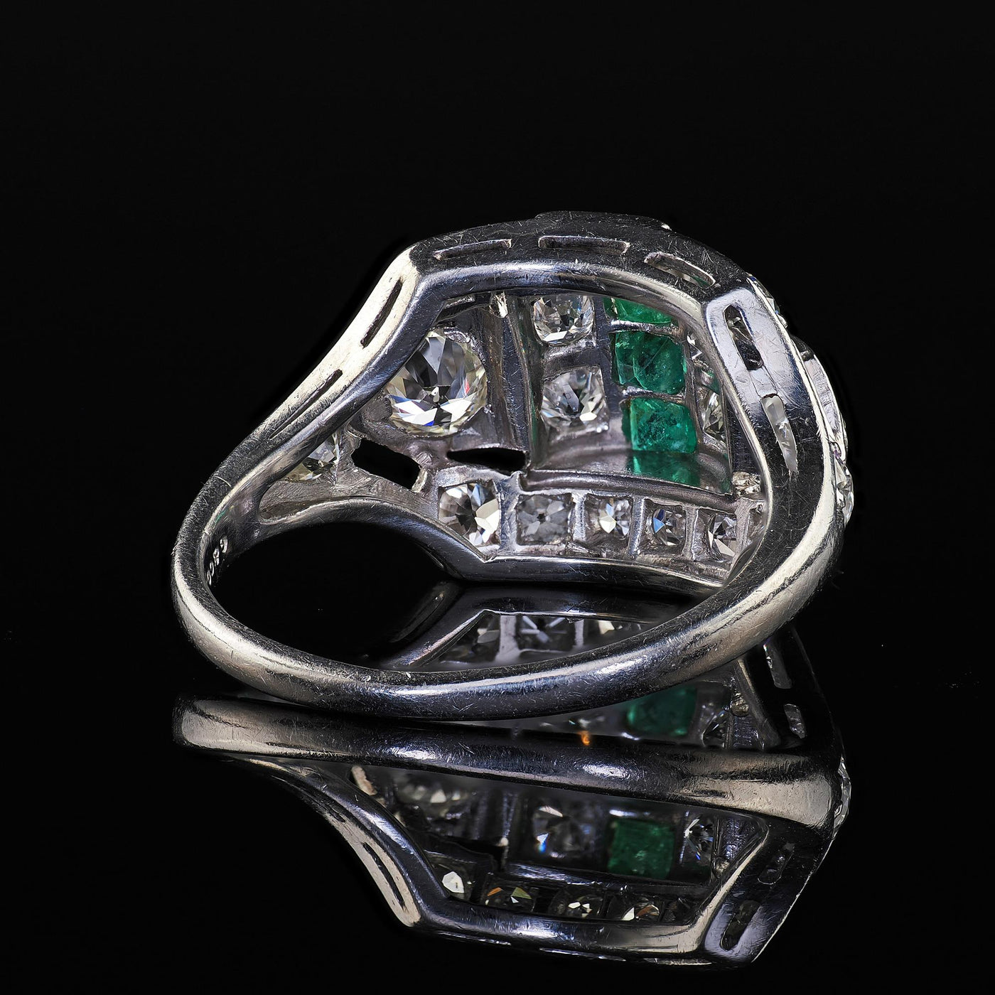 Antique Art Deco Birks Platinum Old European Cut Diamond and Emerald Ring