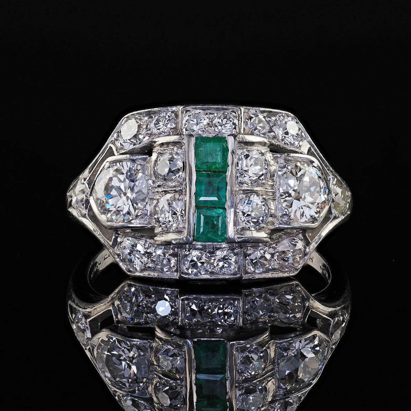 Antique Art Deco Birks Platinum Old European Cut Diamond and Emerald Ring