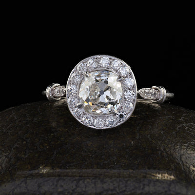 Antique Edwardian Platinum Old Mine Diamond and Halo Engagement Ring - GIA