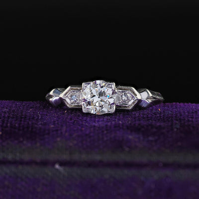 Antique Art Deco Platinum Old European Cut Diamond Engagement Ring - GIA