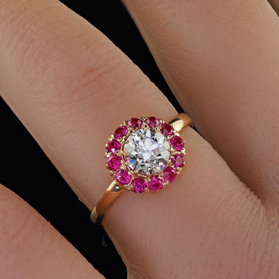 Retro Tiffany Co 18K Gold Old Diamond Pink Sapphire Halo Engagement Ring - GIA