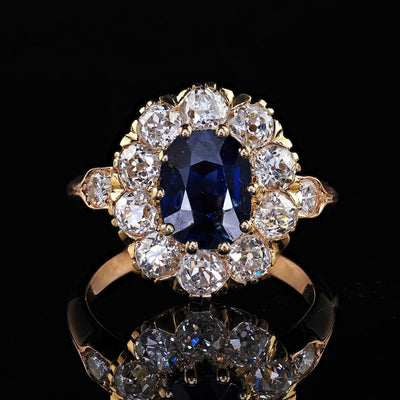 Antique Victorian 18K Yellow Gold Sapphire and Diamond Engagement Ring - GIA