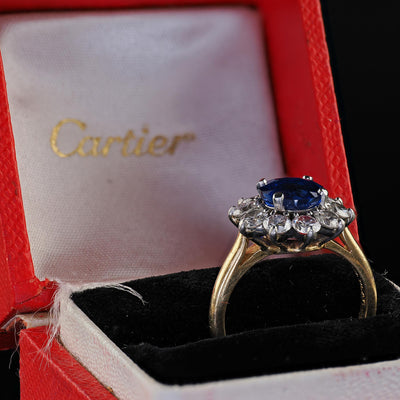 Vintage Retro Cartier 18K Gold Burma Sapphire Diamond Engagement Ring - GIA