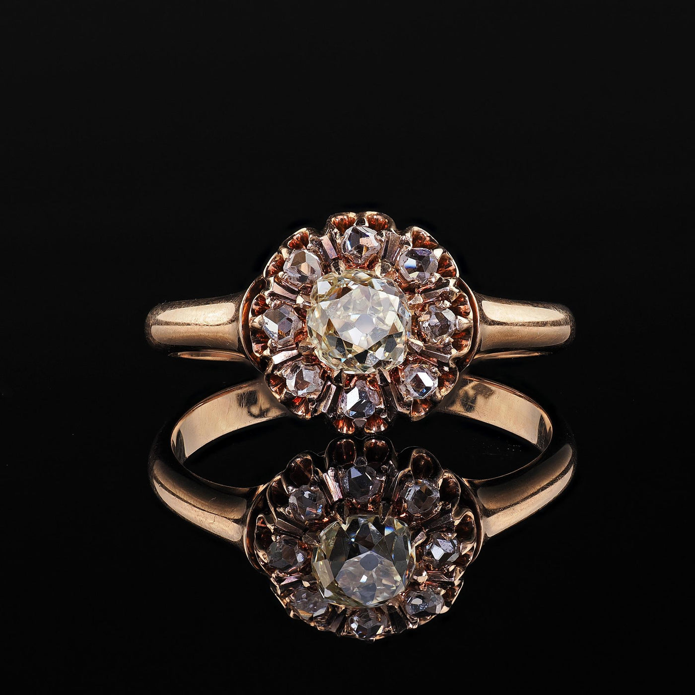 Antique Victorian 10K Rose Gold Old Mine Diamond Cluster Engagement Ring - GIA