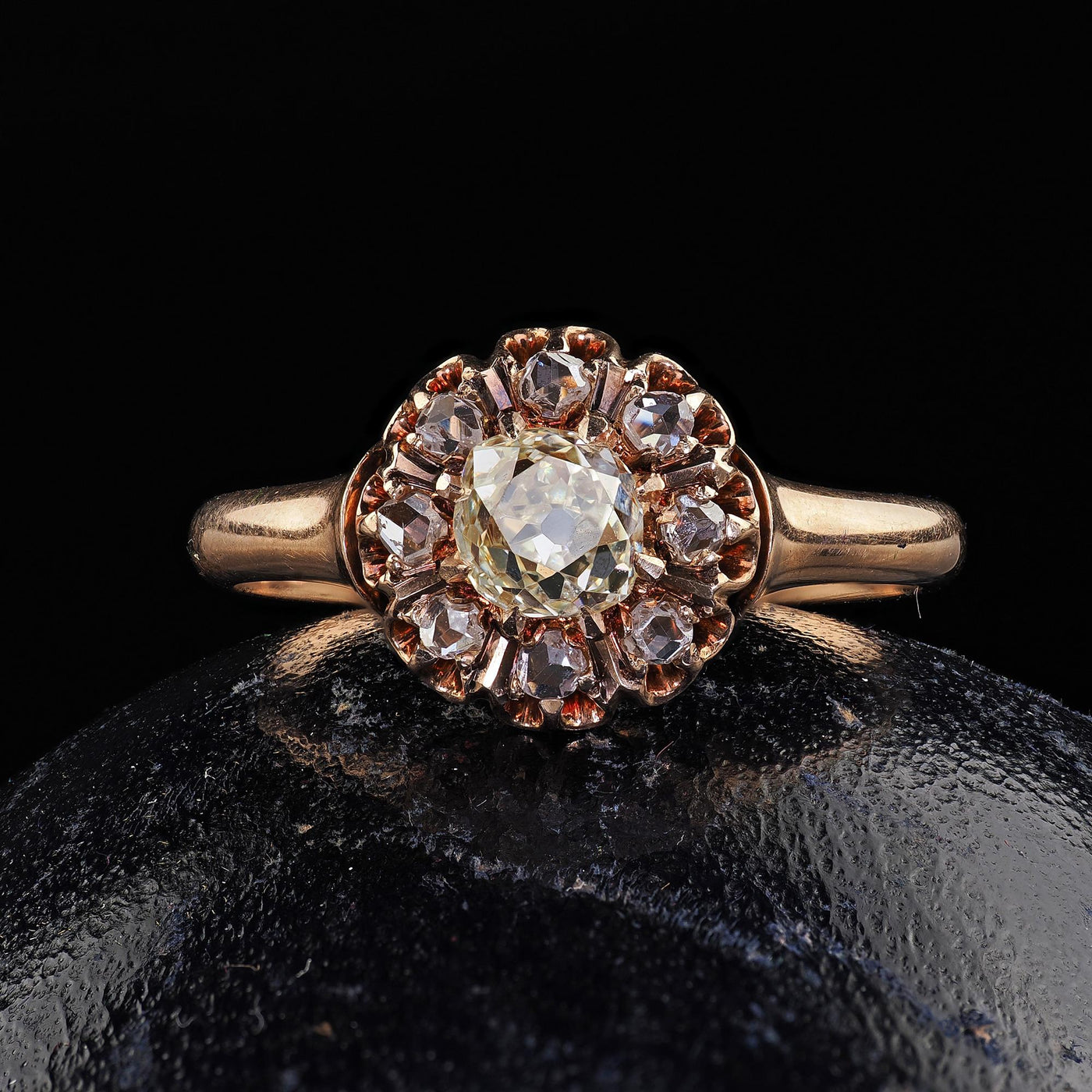 Antique Victorian 10K Rose Gold Old Mine Diamond Cluster Engagement Ring - GIA