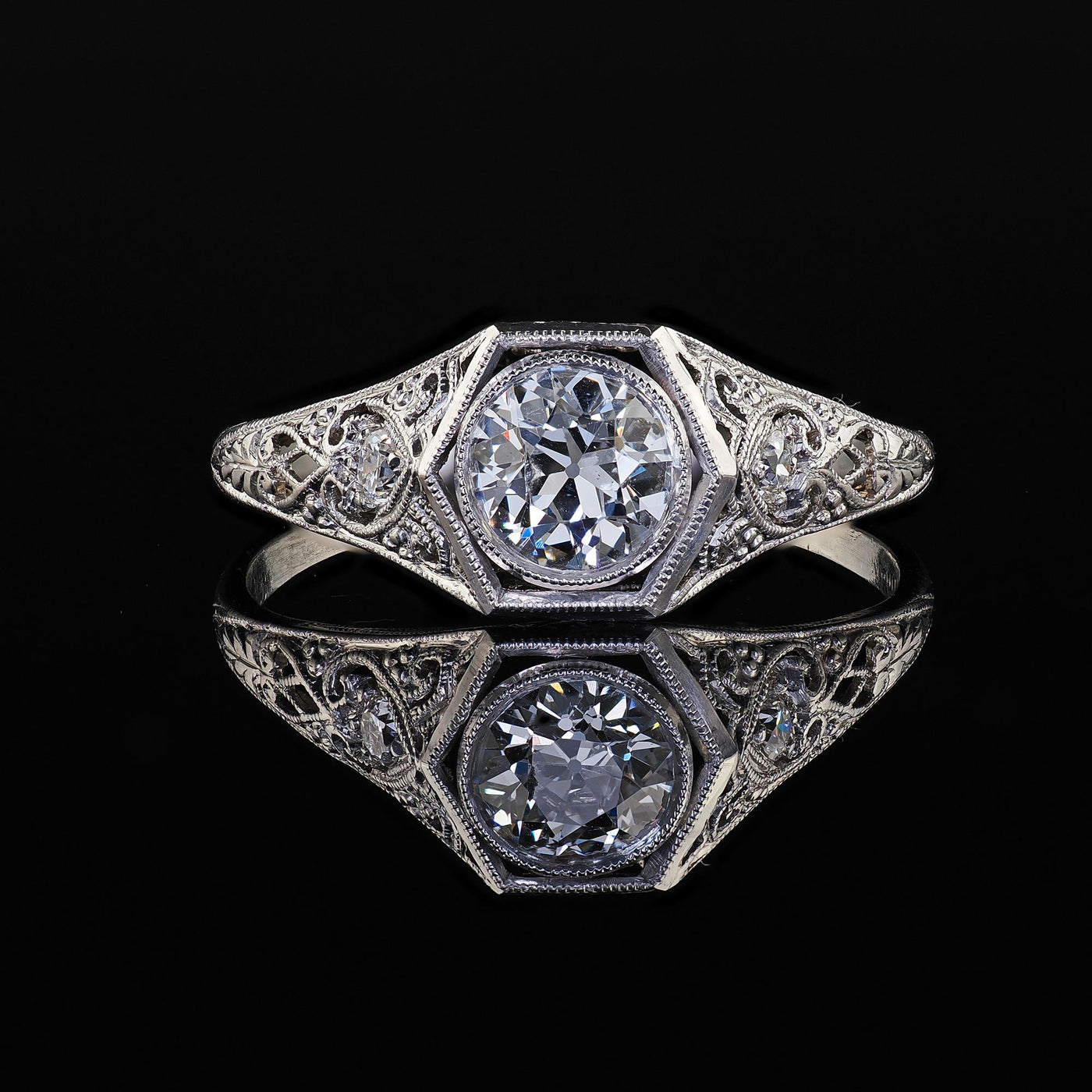 Antique Art Deco Platinum Old Euro Diamond Filigree Engagement Ring - GIA