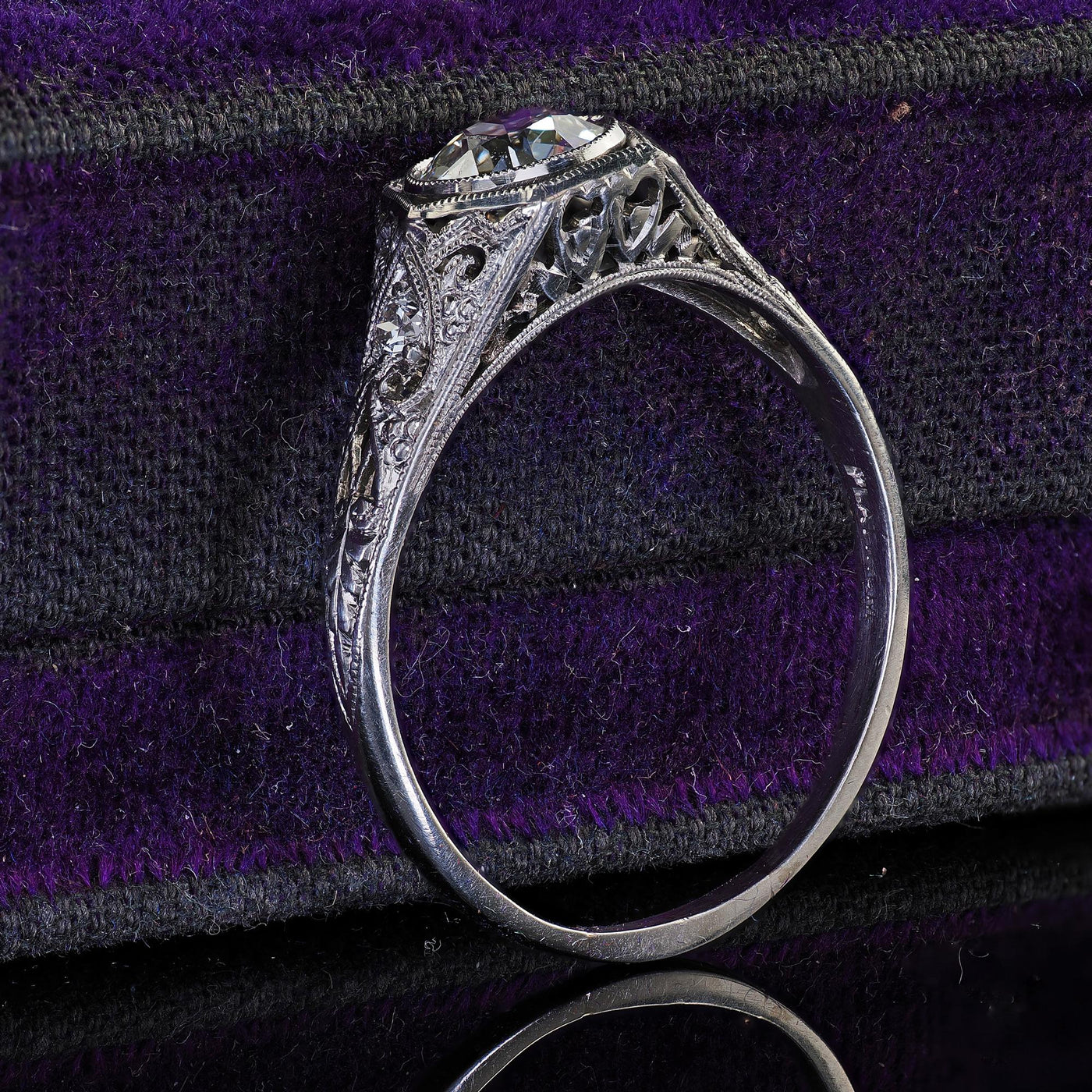 Antique Art Deco Platinum Old Euro Diamond Filigree Engagement Ring - GIA