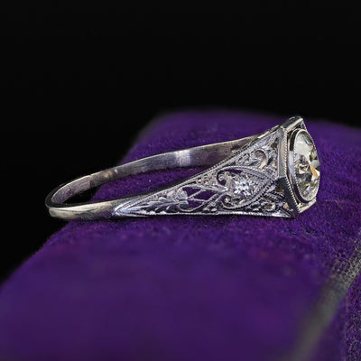 Antique Art Deco Platinum Old Euro Diamond Filigree Engagement Ring - GIA