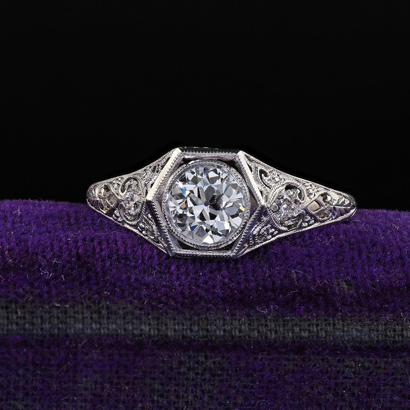 Antique Art Deco Platinum Old Euro Diamond Filigree Engagement Ring - GIA