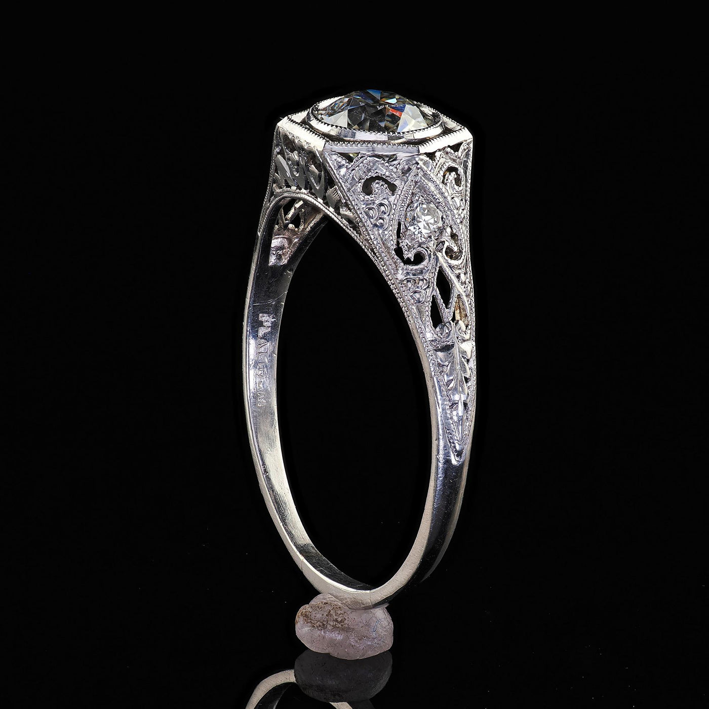 Antique Art Deco Platinum Old Euro Diamond Filigree Engagement Ring - GIA