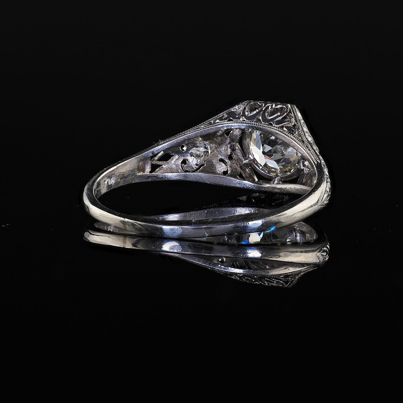 Antique Art Deco Platinum Old Euro Diamond Filigree Engagement Ring - GIA