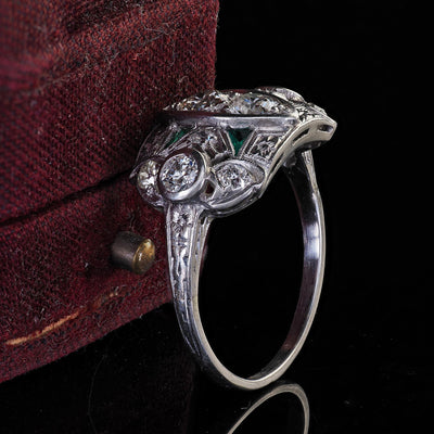 Antique Art Deco Platinum Old Euro and Emerald Engraved Cocktail Ring