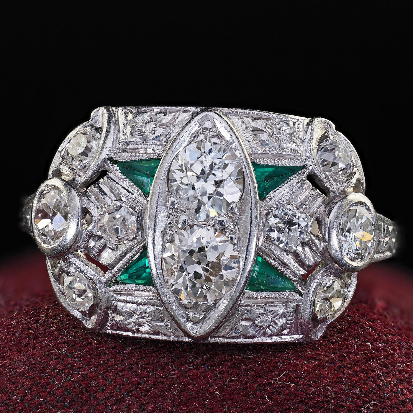 Antique Art Deco Platinum Old Euro and Emerald Engraved Cocktail Ring