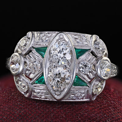 Antique Art Deco Platinum Old Euro and Emerald Engraved Cocktail Ring