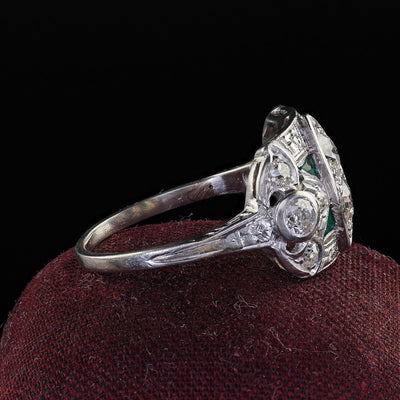 Antique Art Deco Platinum Old Euro and Emerald Engraved Cocktail Ring