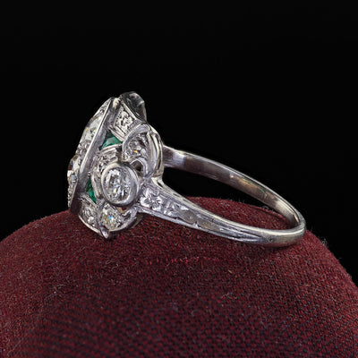 Antique Art Deco Platinum Old Euro and Emerald Engraved Cocktail Ring