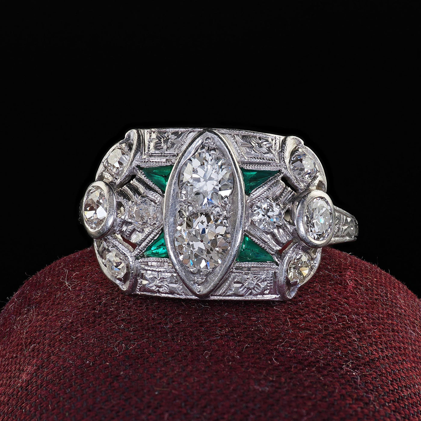 Antique Art Deco Platinum Old Euro and Emerald Engraved Cocktail Ring