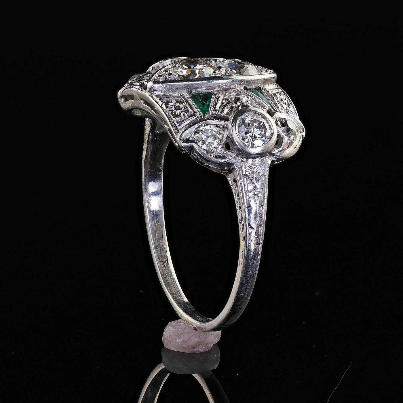 Antique Art Deco Platinum Old Euro and Emerald Engraved Cocktail Ring