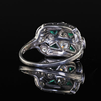 Antique Art Deco Platinum Old Euro and Emerald Engraved Cocktail Ring