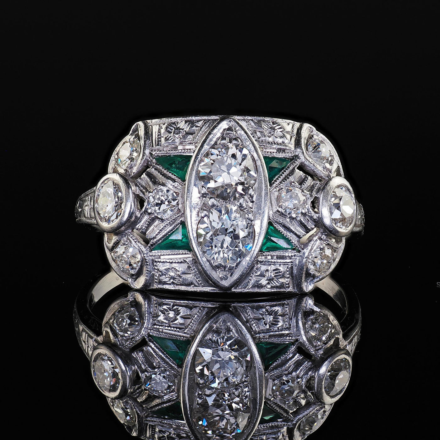 Antique Art Deco Platinum Old Euro and Emerald Engraved Cocktail Ring