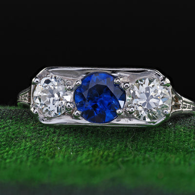 Antique Art Deco 18K White Gold Old Euro Diamond Sapphire Three Stone Ring - GIA