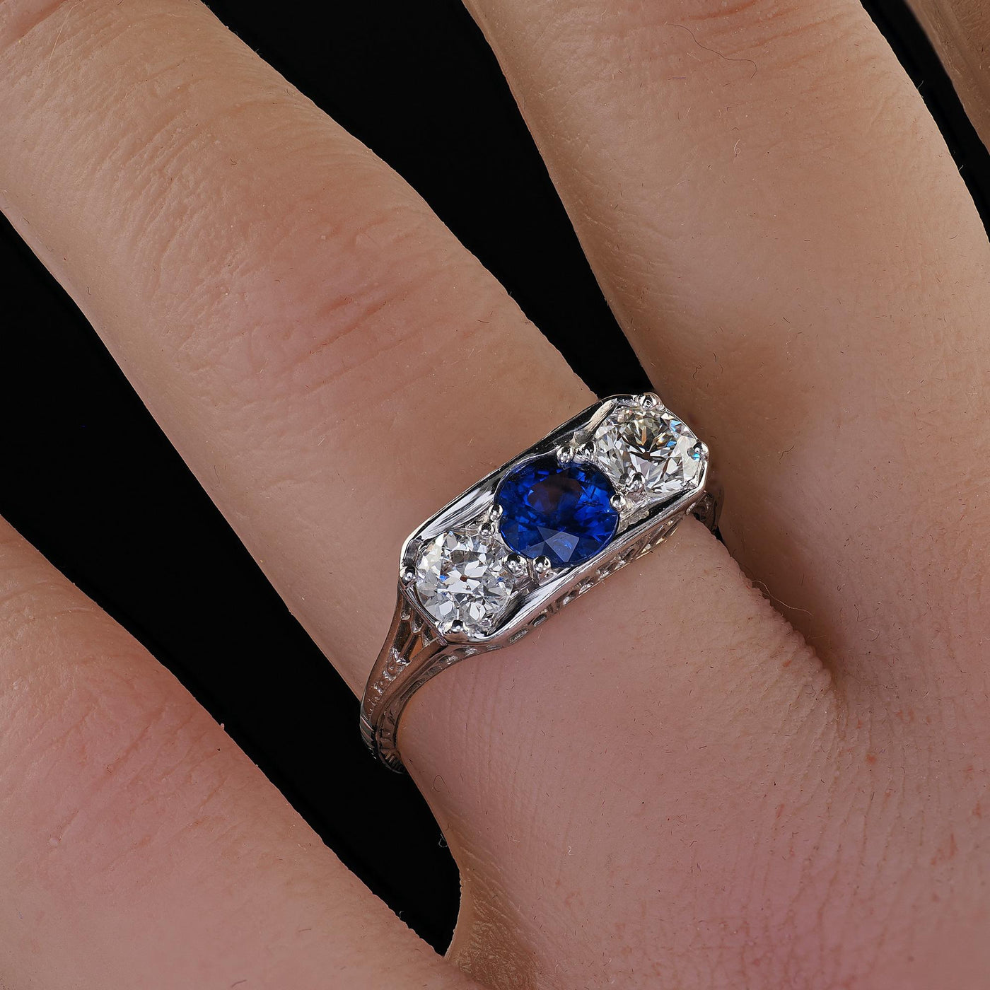 Antique Art Deco 18K White Gold Old Euro Diamond Sapphire Three Stone Ring - GIA