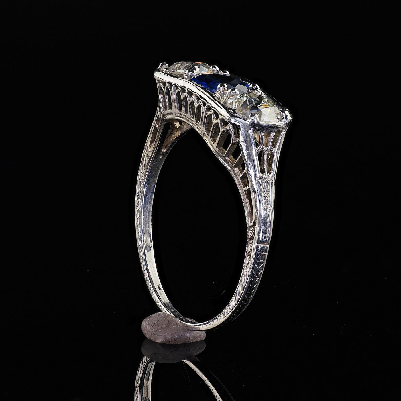 Antique Art Deco 18K White Gold Old Euro Diamond Sapphire Three Stone Ring - GIA