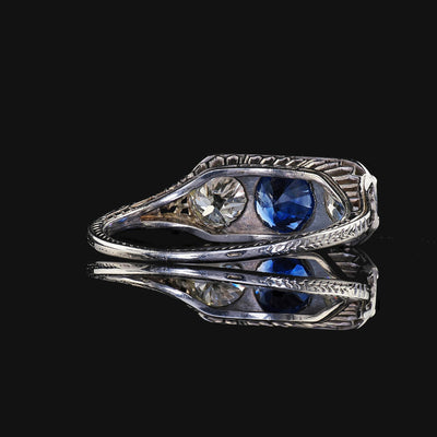 Antique Art Deco 18K White Gold Old Euro Diamond Sapphire Three Stone Ring - GIA