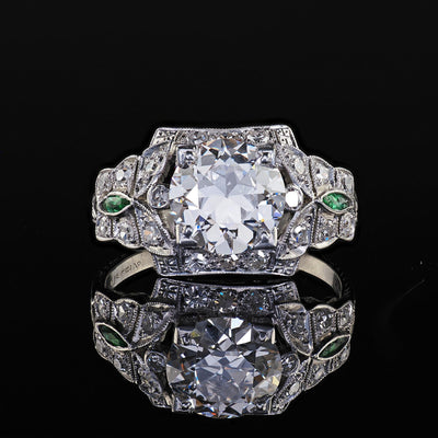 Antique Art Deco Platinum Old Euro Diamond and Emerald Engagement Ring - GIA