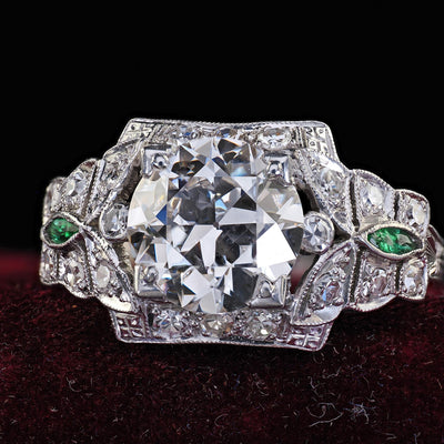 Antique Art Deco Platinum Old Euro Diamond and Emerald Engagement Ring - GIA