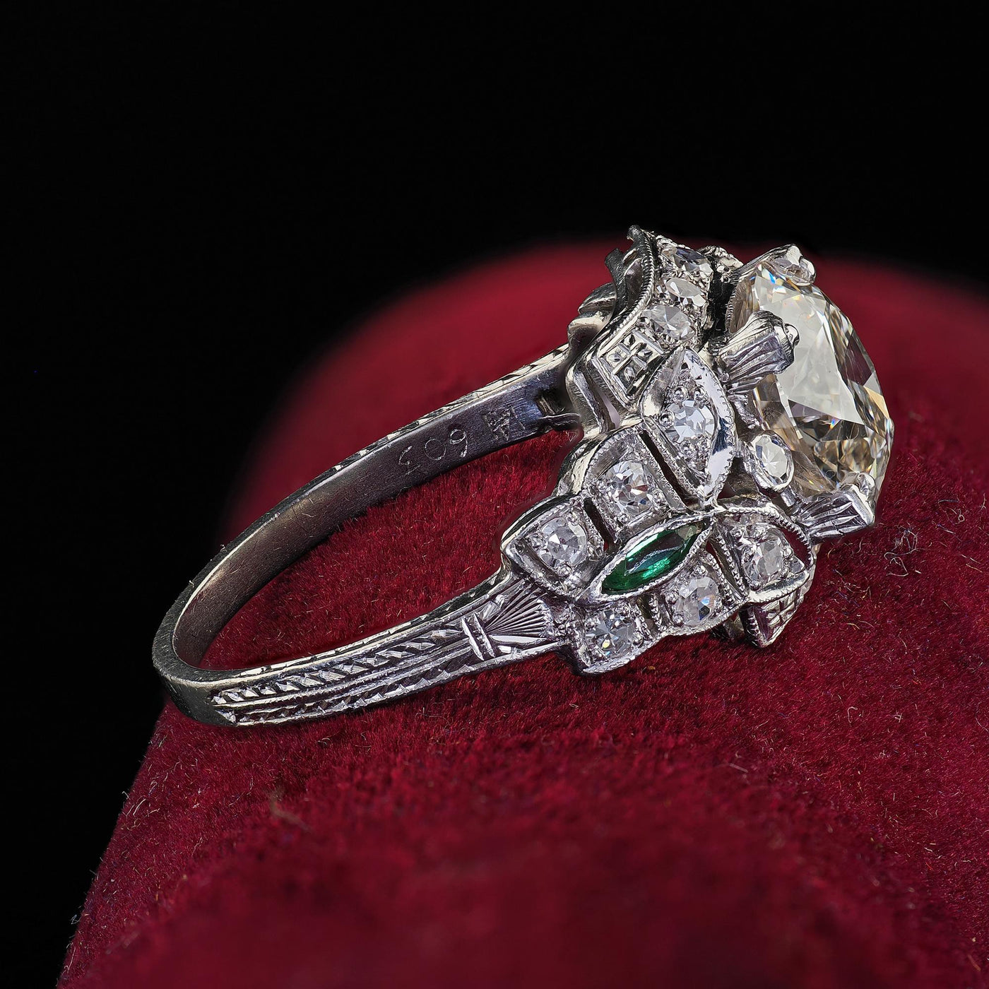 Antique Art Deco Platinum Old Euro Diamond and Emerald Engagement Ring - GIA