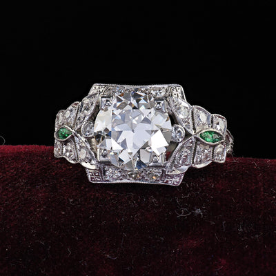 Antique Art Deco Platinum Old Euro Diamond and Emerald Engagement Ring - GIA