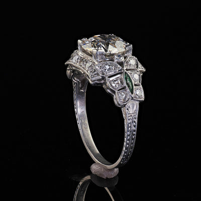 Antique Art Deco Platinum Old Euro Diamond and Emerald Engagement Ring - GIA