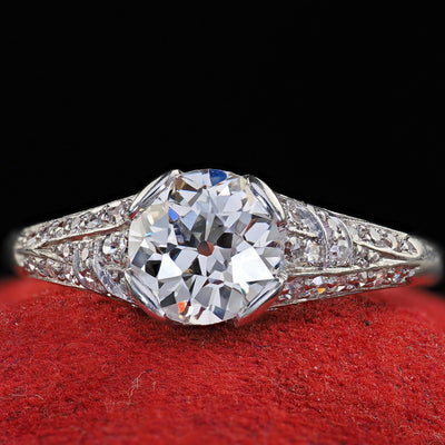 Antique Art Deco Platinum Old European Cut Diamond Engagement Ring - GIA