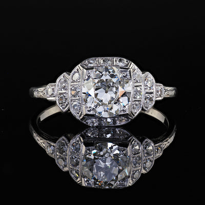 Antique Art Deco Platinum Old European Cut Diamond Engagement Ring - GIA